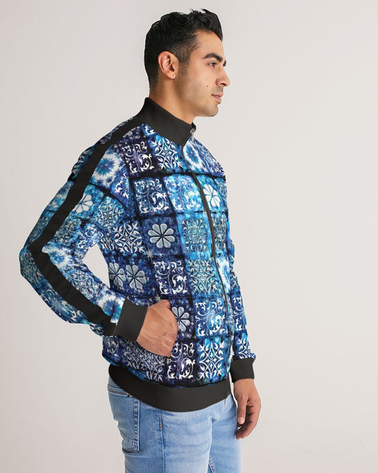 Blue Ice Crystals Motif Men's All-Over Print Stripe Sleeve Track Jacket