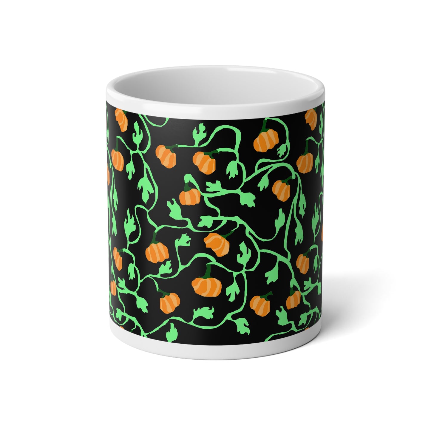 Pumpkin and Vines on Black Jumbo Mug, 20oz | Fall Coffee Cup, Autumn Decor, Halloween Gift, Unique Pumpkin Design, Seasonal Mug