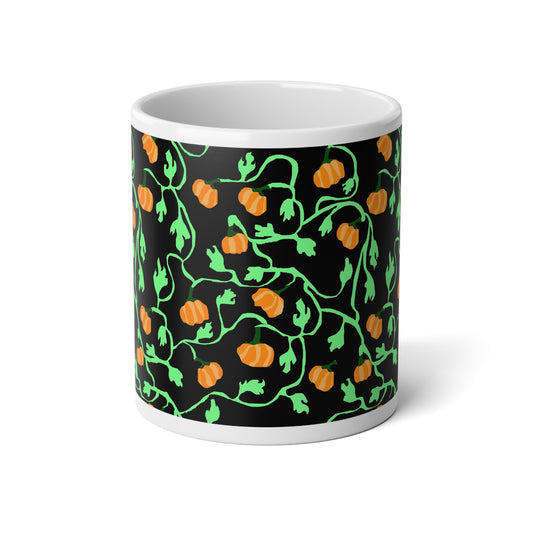 Pumpkin and Vines on Black Jumbo Mug, 20oz | Fall Coffee Cup, Autumn Decor, Halloween Gift, Unique Pumpkin Design, Seasonal Mug