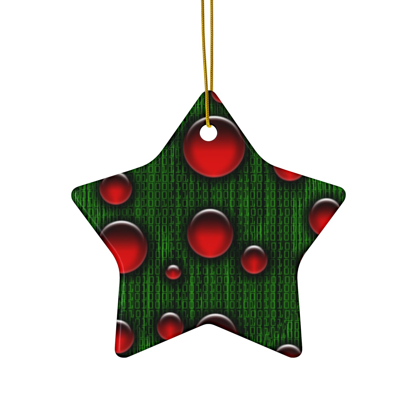 Binary Christmas Ceramic Ornament Set - Star Shape with Red Bubbles Design
