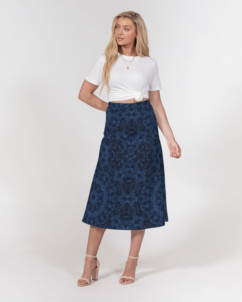 Blue Faux Velvet Kaleidoscope Women's All-Over Print A-Line Midi Skirt