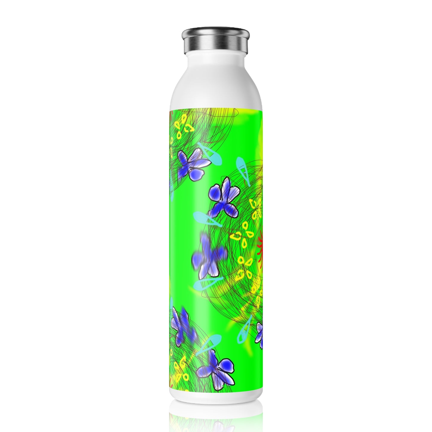 Flower Doodle Slim Water Bottle | Eco-Friendly Fitness Gift, Hydration Travel Mug, Summer Picnic Accessory, Inspirational Drinkware