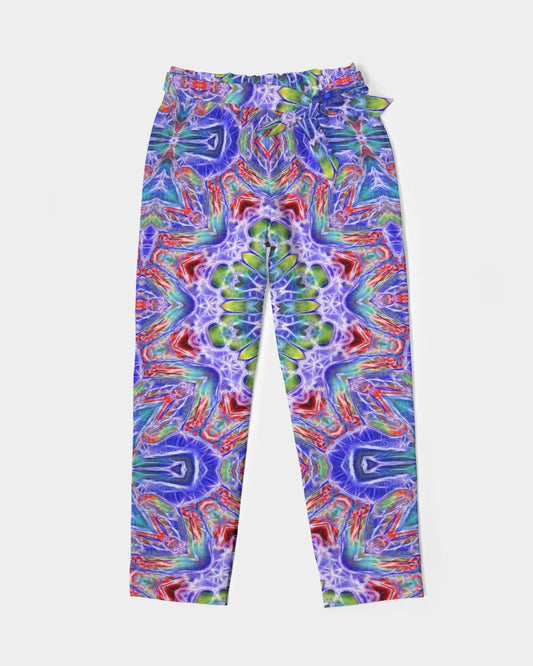 Blue Red Kaleidoscope Women's All-Over Print Belted Tapered Pants