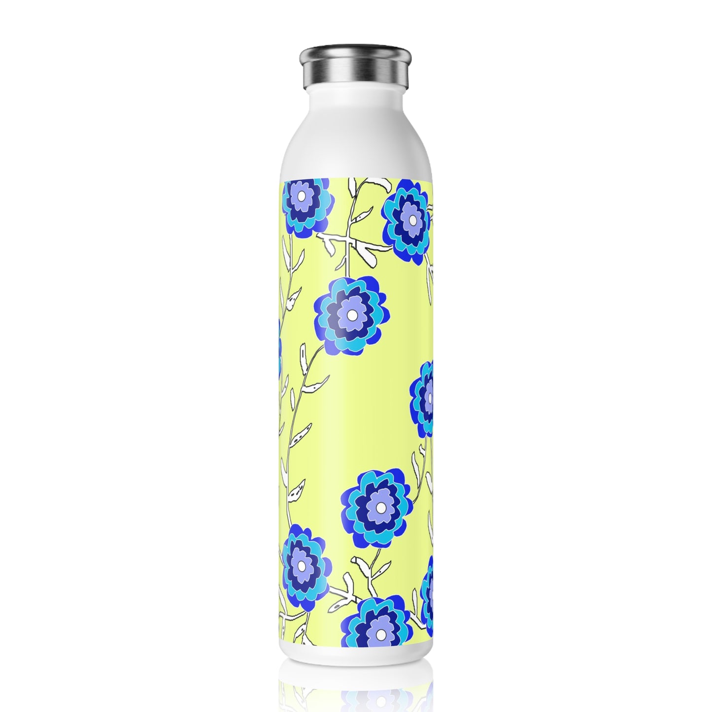 Blue Flowers On Yellow Slim Water Bottle | Eco-Friendly Drinkware, Gift for Her, Summer Hydration, Travel Accessory, Yoga Essentials