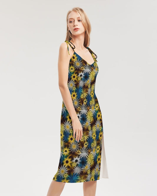 Blue and Yellow Glowing Daisies Women's All-Over Print Tie Strap Split Dress