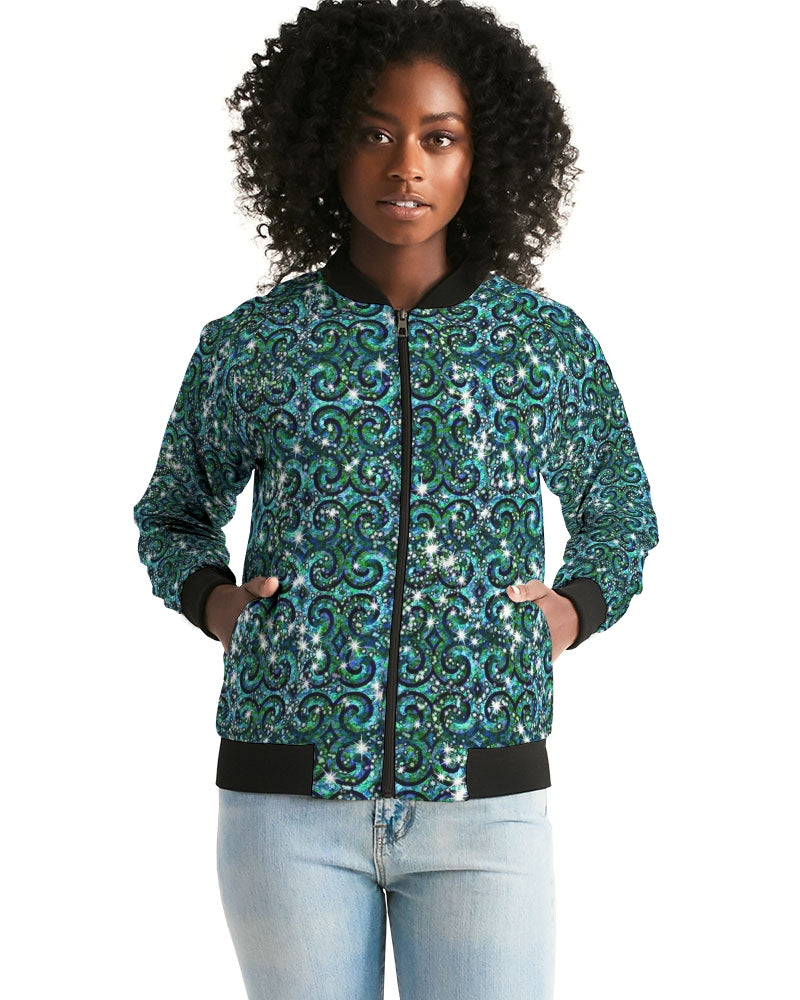 Blue Ice Sparkle Swirl Women's All-Over Print Bomber Jacket