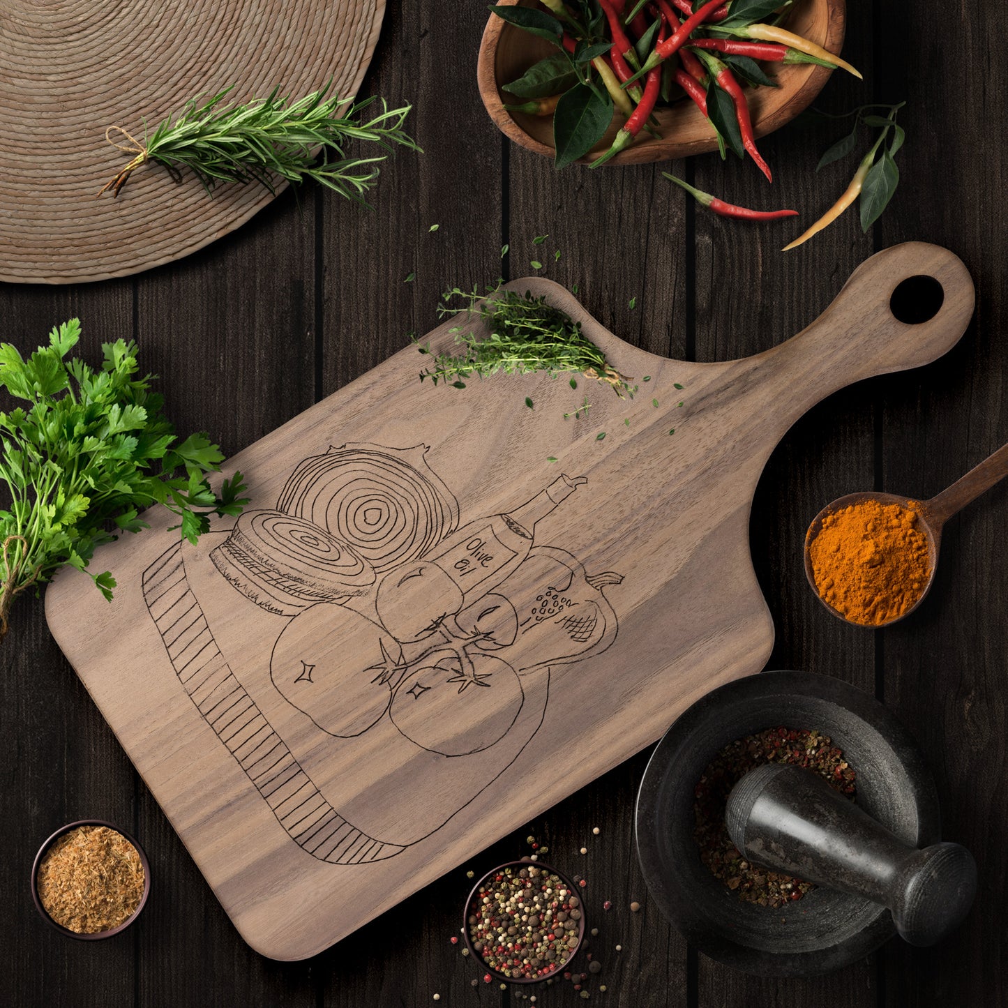 Olive Oil and Veg Board Paddle Cutting Board