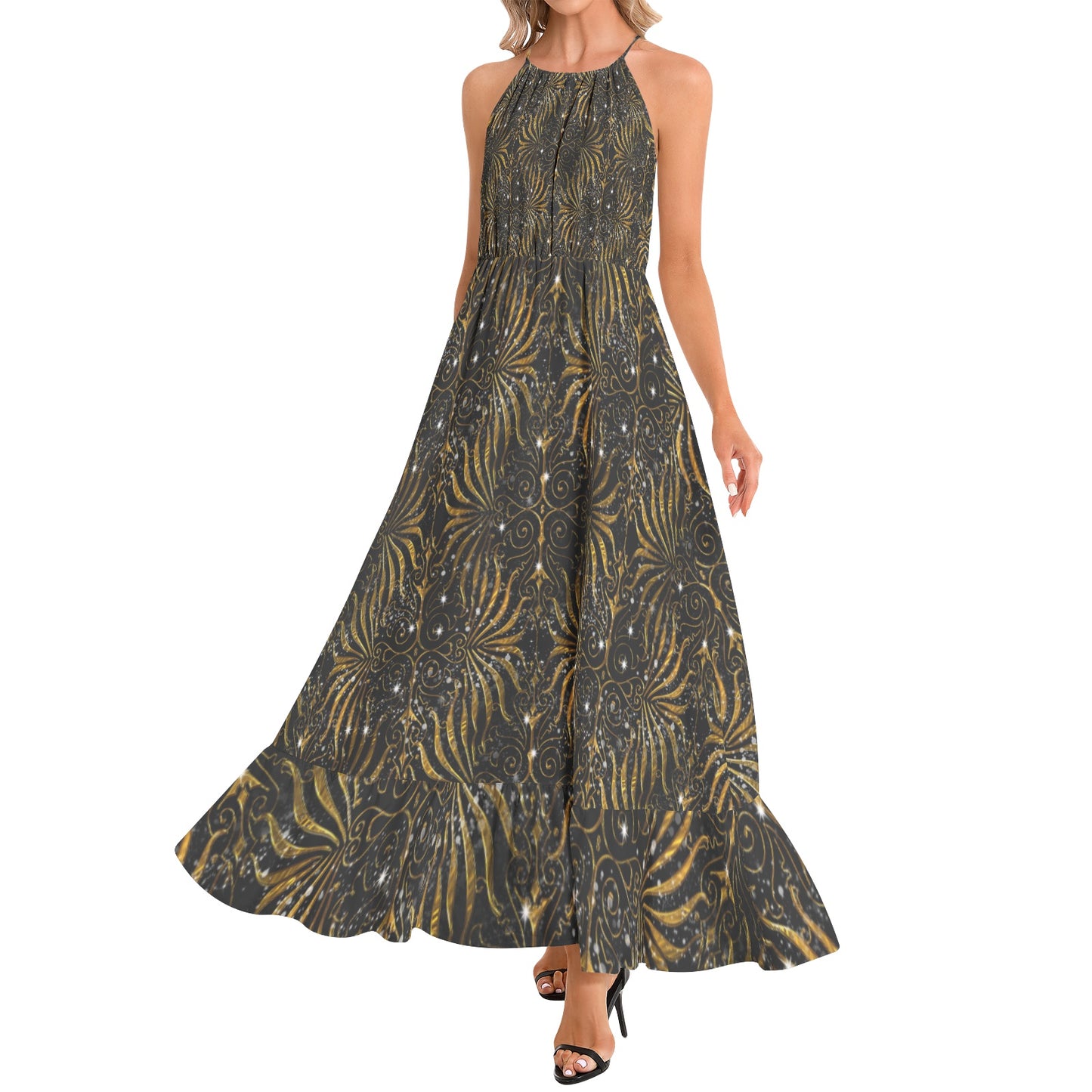 Black and Gold Victorian Sparkle Ruffle Hem Halter Neck Maxi Dress