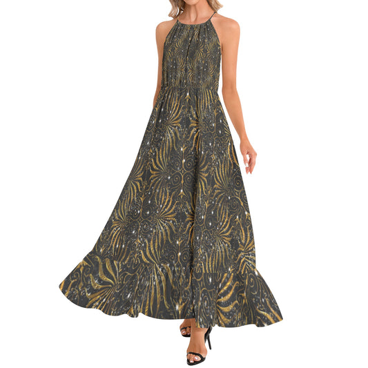 Black and Gold Victorian Sparkle Ruffle Hem Halter Neck Maxi Dress