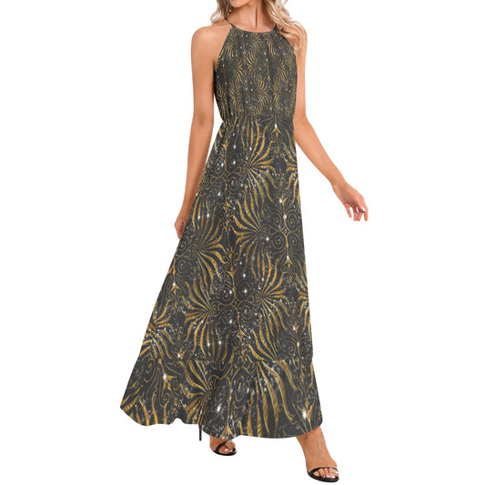 Black and Gold Victorian Sparkle Ruffle Hem Halter Neck Maxi Dress