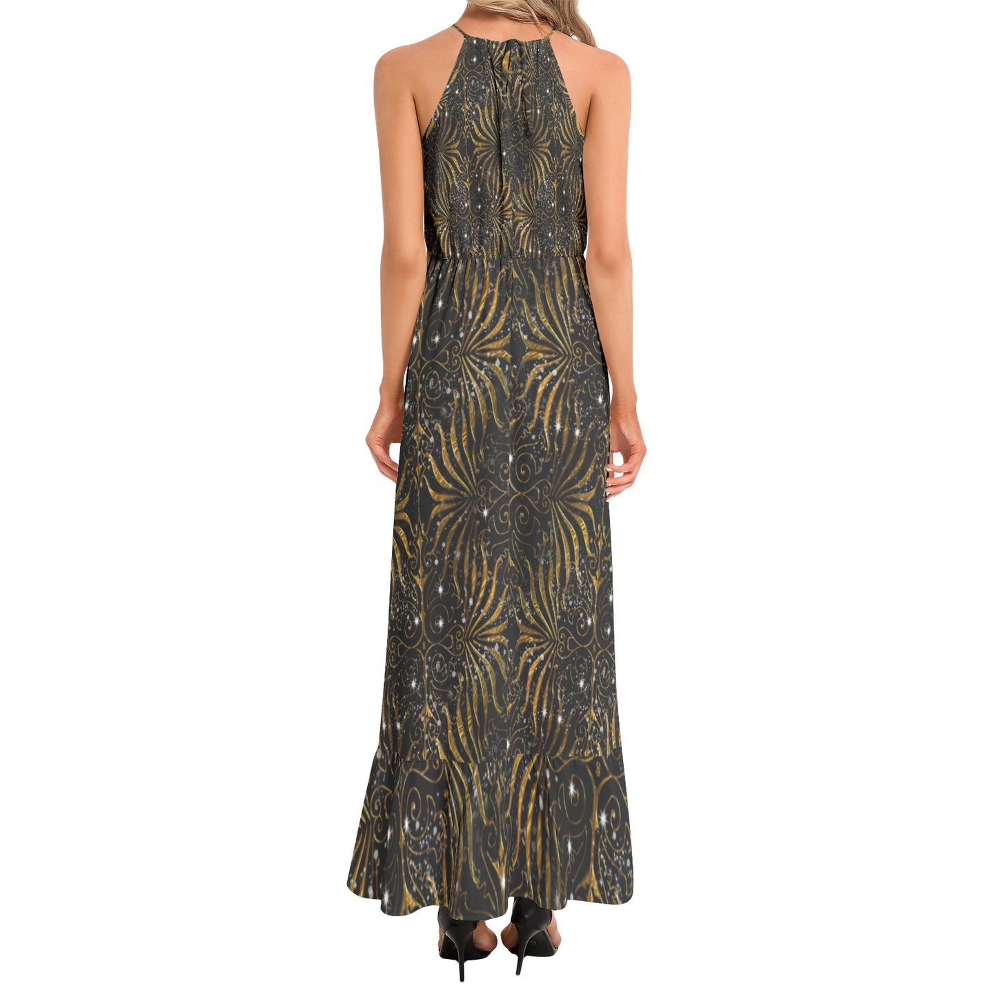 Black and Gold Victorian Sparkle Ruffle Hem Halter Neck Maxi Dress