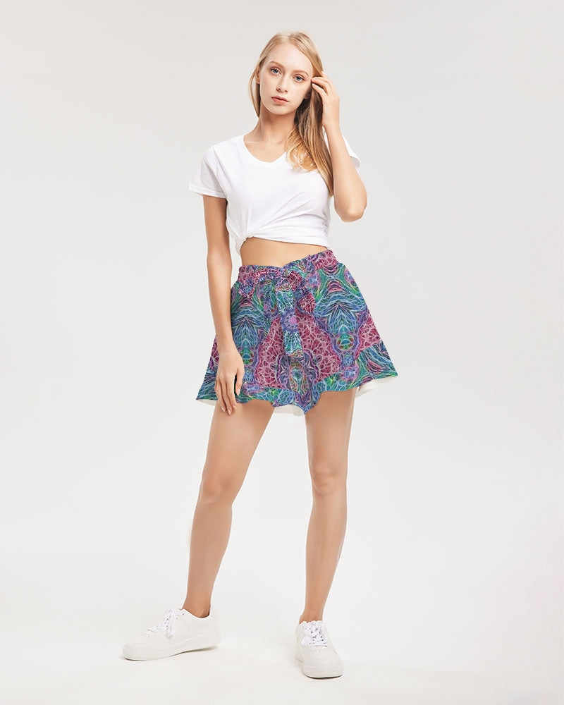 Blue Red Snowflake Kaleidoscope Women's All-Over Print Ruffle Shorts