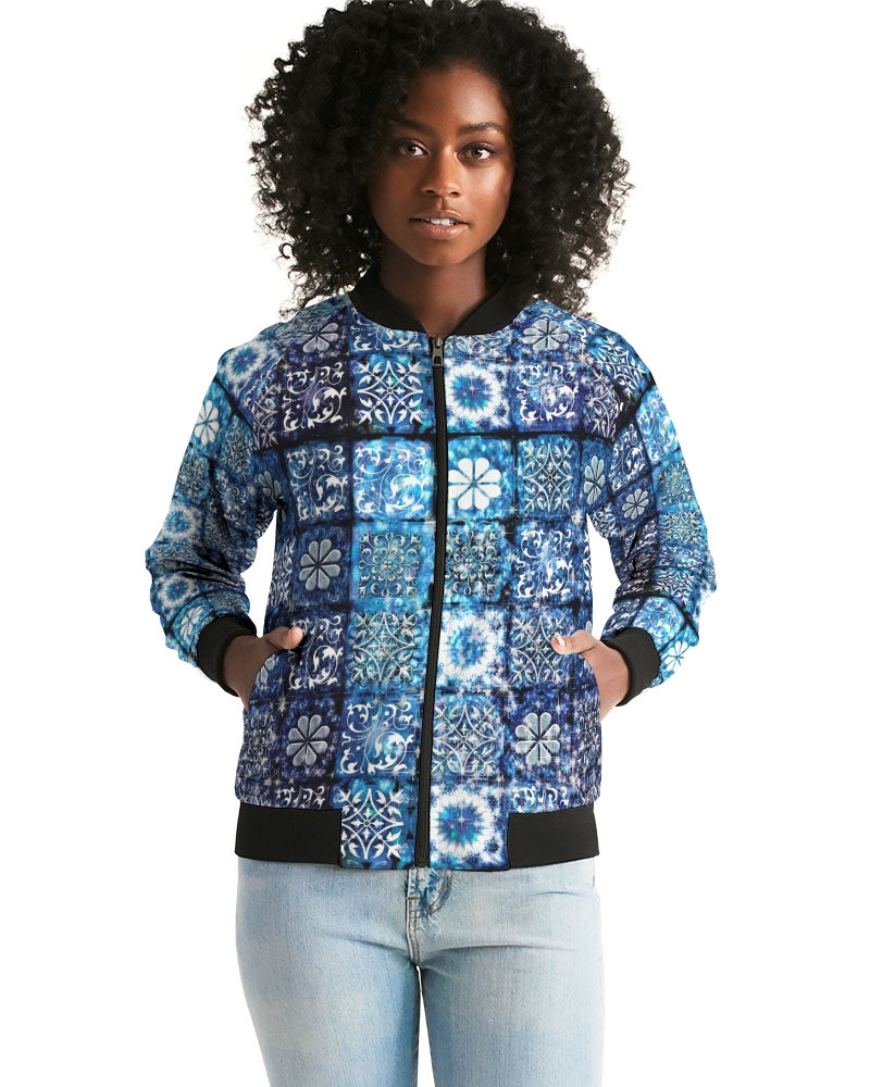Blue Ice Crystals Motif Women's All-Over Print Bomber Jacket