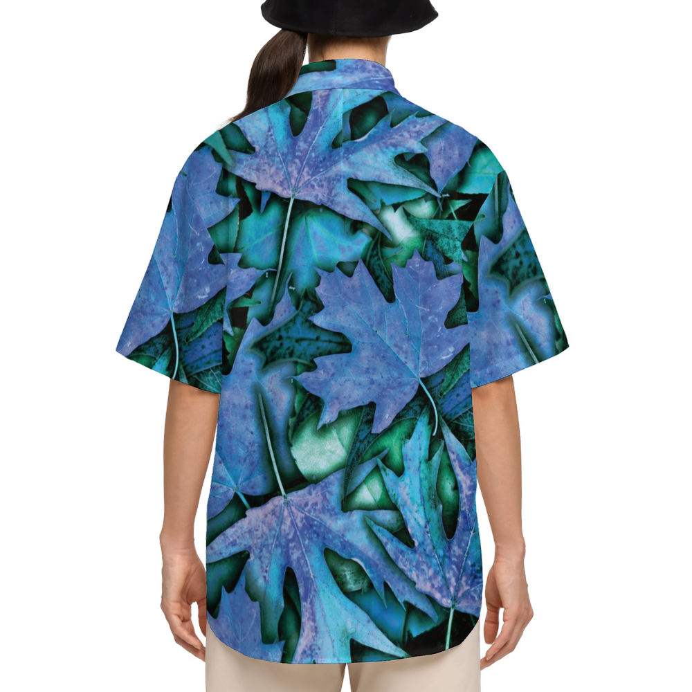 Fall Leaves Blue Women's Short-Sleeve Button-Up Shirt-Cotton Feel