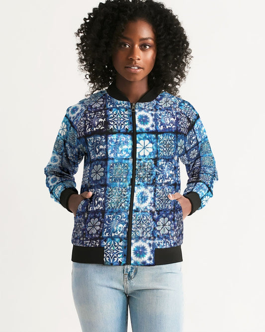 Blue Ice Crystals Motif Women's All-Over Print Bomber Jacket