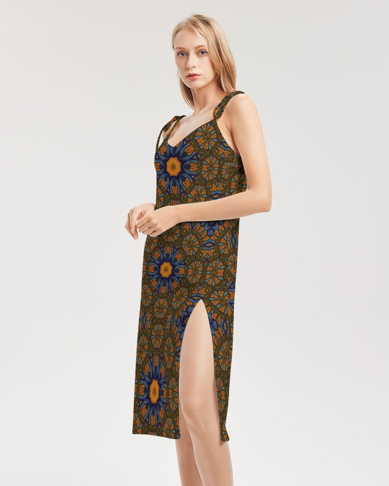 Blue and Yellow Sketch Kaleidoscope  Women's All-Over Print Tie Strap Split Dress