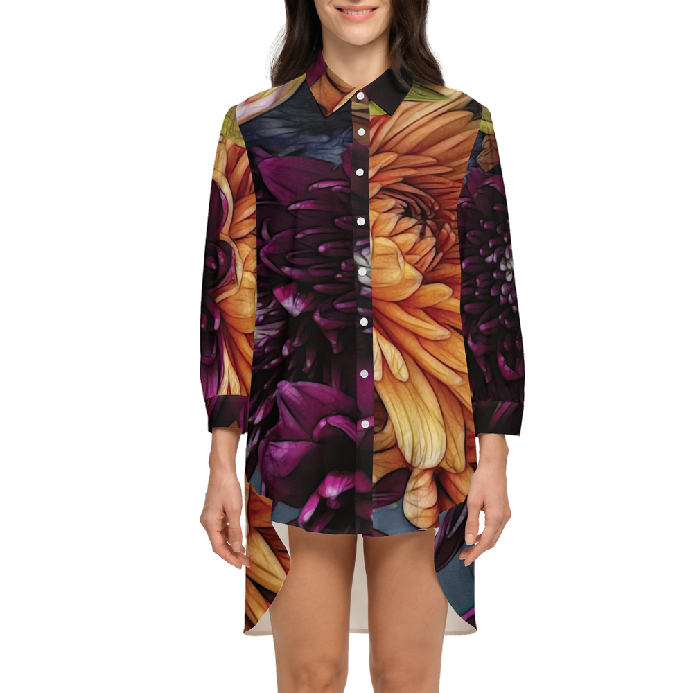 October Flowers 9 Women's High-Low Long-Sleeve Hem Shirt Silky-like Elegance