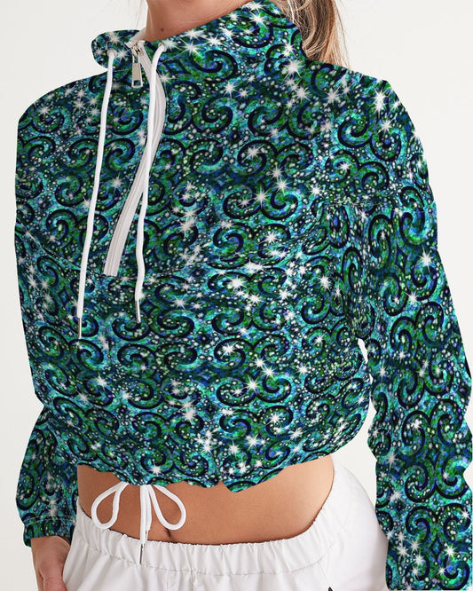 Blue Ice Sparkle Swirl Women's All-Over Print Cropped Windbreaker