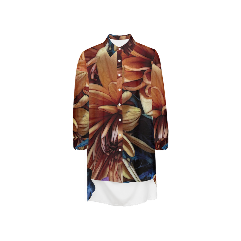 October Flowers 8 Women's High-Low Long-Sleeve Hem Shirt Silky-like Elegance