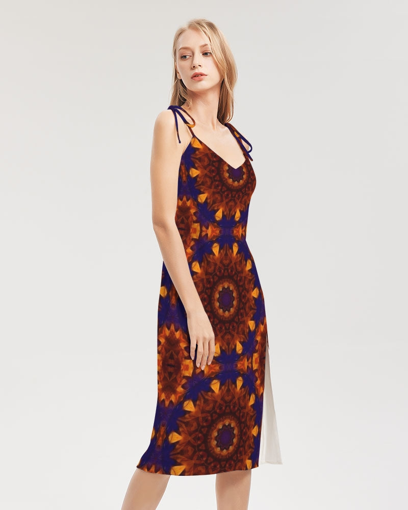 Blue Orange Red Kaleidoscope Women's All-Over Print Tie Strap Split Dress