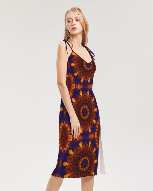 Blue Orange Red Kaleidoscope Women's All-Over Print Tie Strap Split Dress