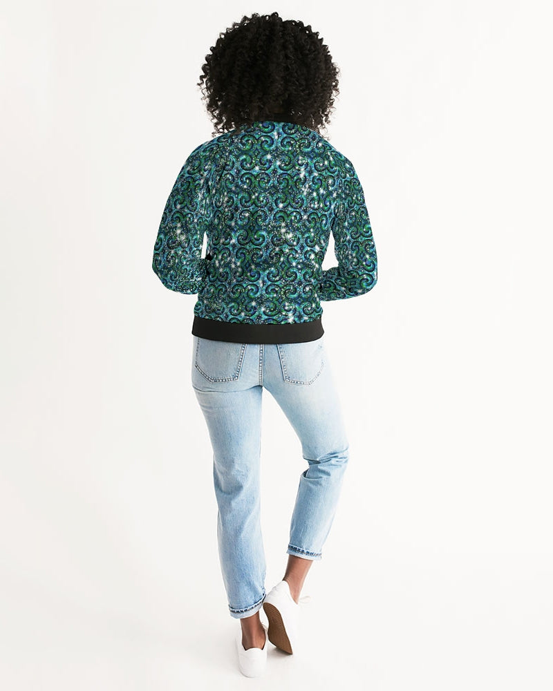Blue Ice Sparkle Swirl Women's All-Over Print Bomber Jacket