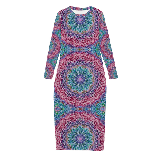 blue and Pink Kaleidoscope Custom Women's Long Sleeve Dress Summer All Over Print Stylish Long Dress