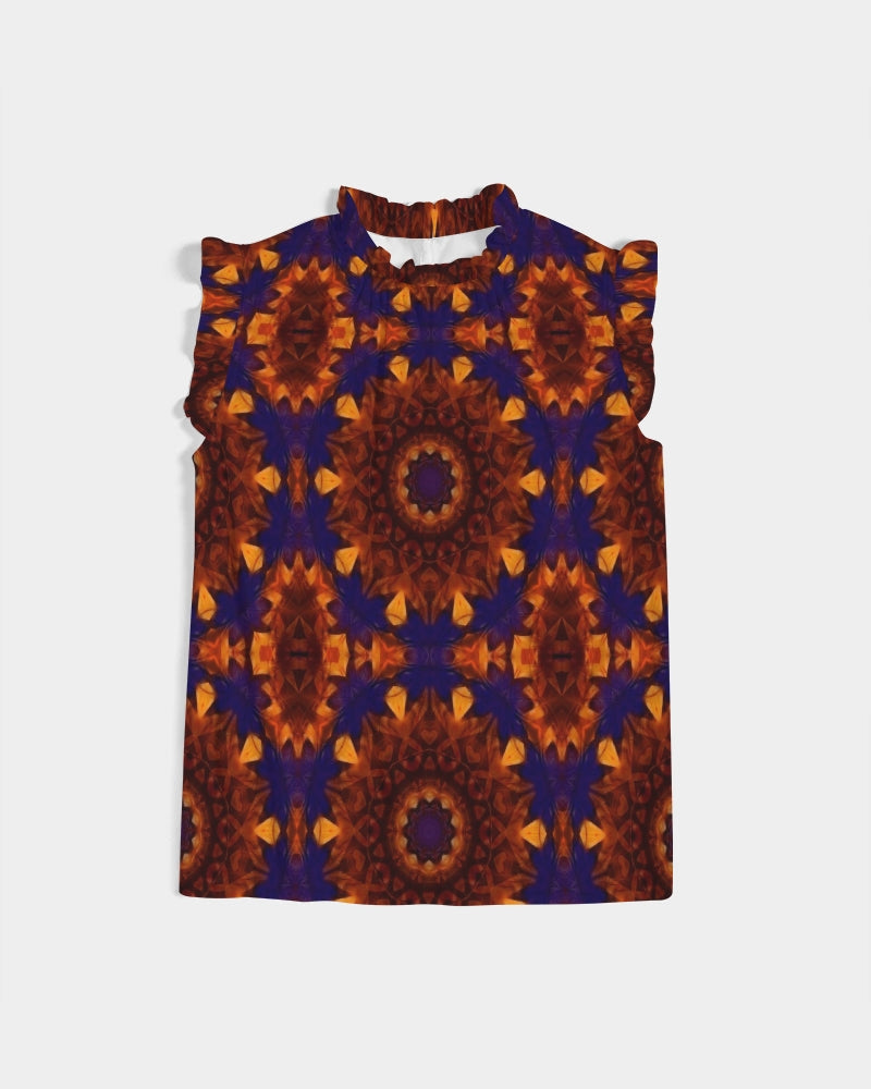 Blue Orange Red Kaleidoscope Women's All-Over Print Ruffle Sleeve Top