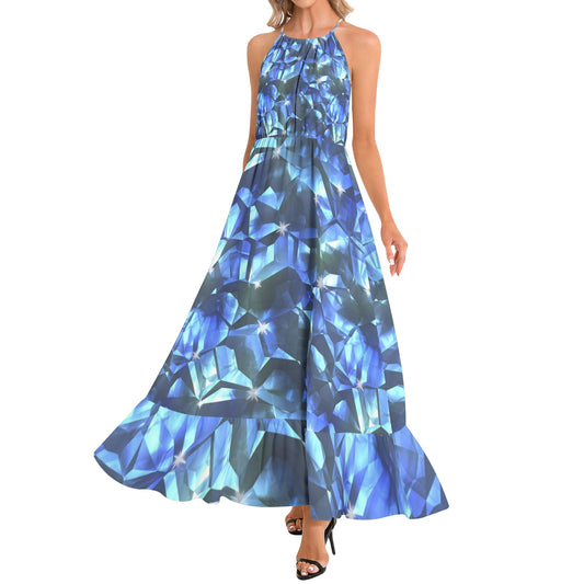 Blue Crystal Pattern Ruffle Hem Halter Neck Maxi Dress