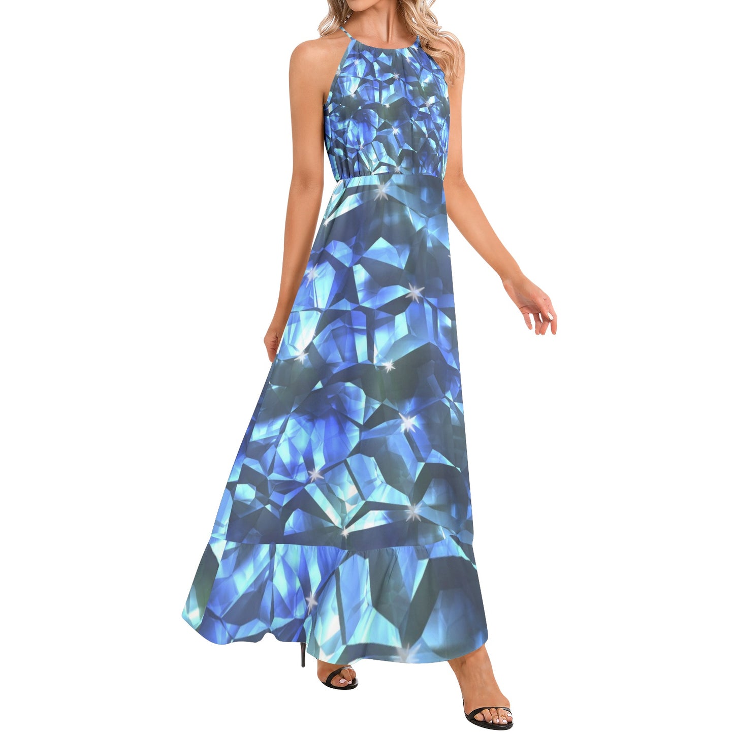 Blue Crystal Pattern Ruffle Hem Halter Neck Maxi Dress