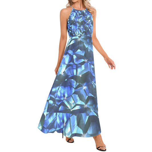 Blue Crystal Pattern Ruffle Hem Halter Neck Maxi Dress