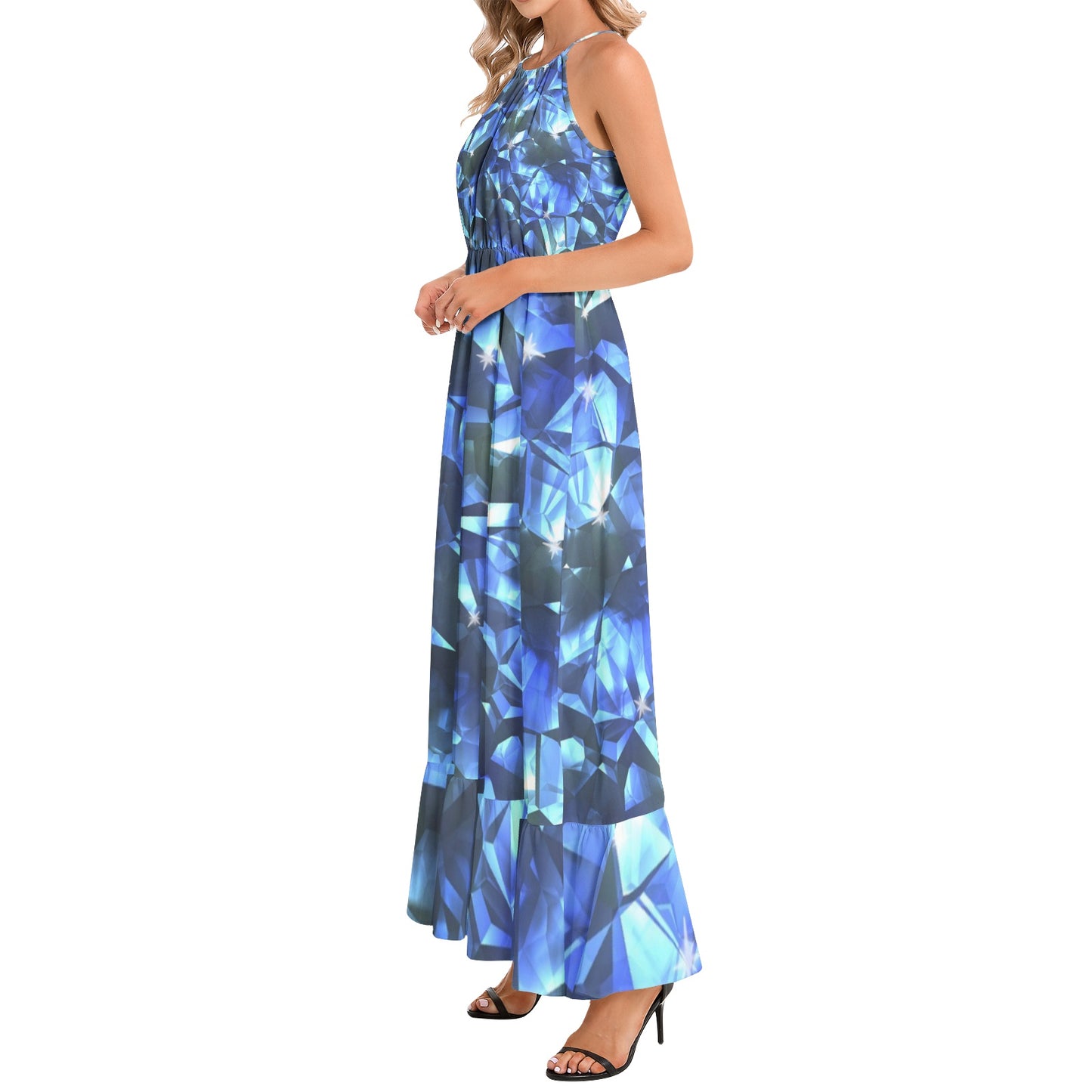 Blue Crystal Pattern Ruffle Hem Halter Neck Maxi Dress