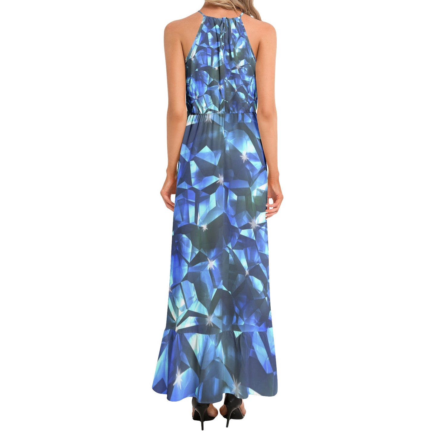 Blue Crystal Pattern Ruffle Hem Halter Neck Maxi Dress