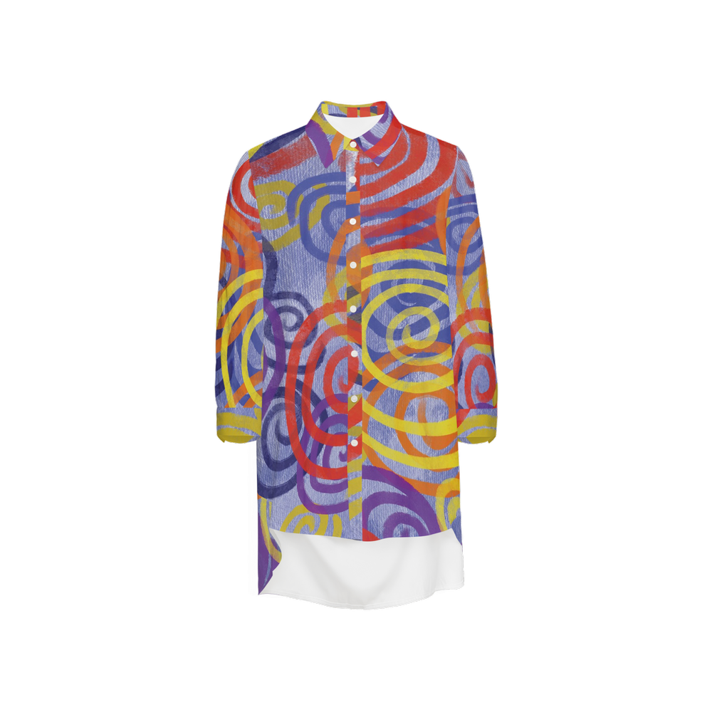 Colorful Spirals Women's High-Low Long-Sleeve Hem Shirt-Wrinkle-Free Silky-like Elegance