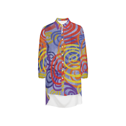Colorful Spirals Women's High-Low Long-Sleeve Hem Shirt-Wrinkle-Free Silky-like Elegance