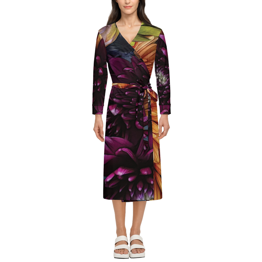October Flowers 9 Women's ¾ Sleeve Wrap Dress-Heavy Knit