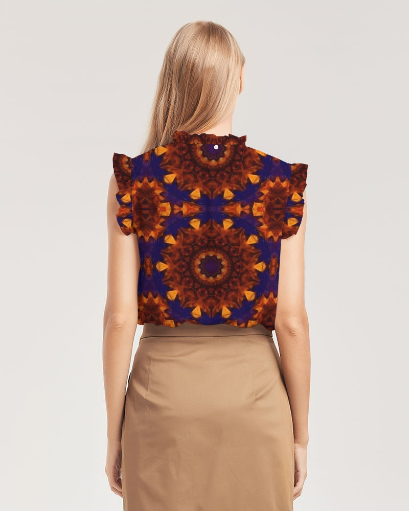Blue Orange Red Kaleidoscope Women's All-Over Print Ruffle Sleeve Top