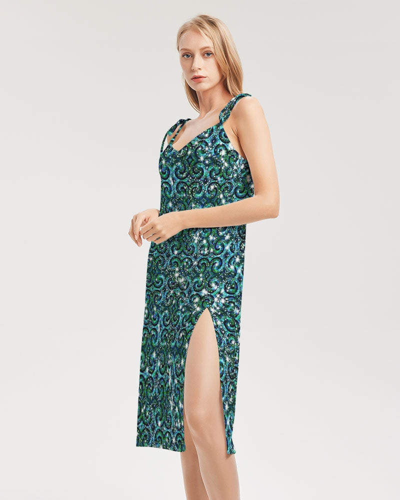 Blue Ice Sparkle Swirl Women's All-Over Print Tie Strap Split Dress