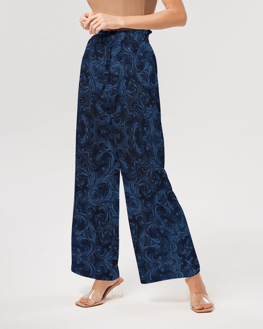 Blue Faux Velvet Kaleidoscope Women's All-Over Print High-Rise Wide Leg Pants
