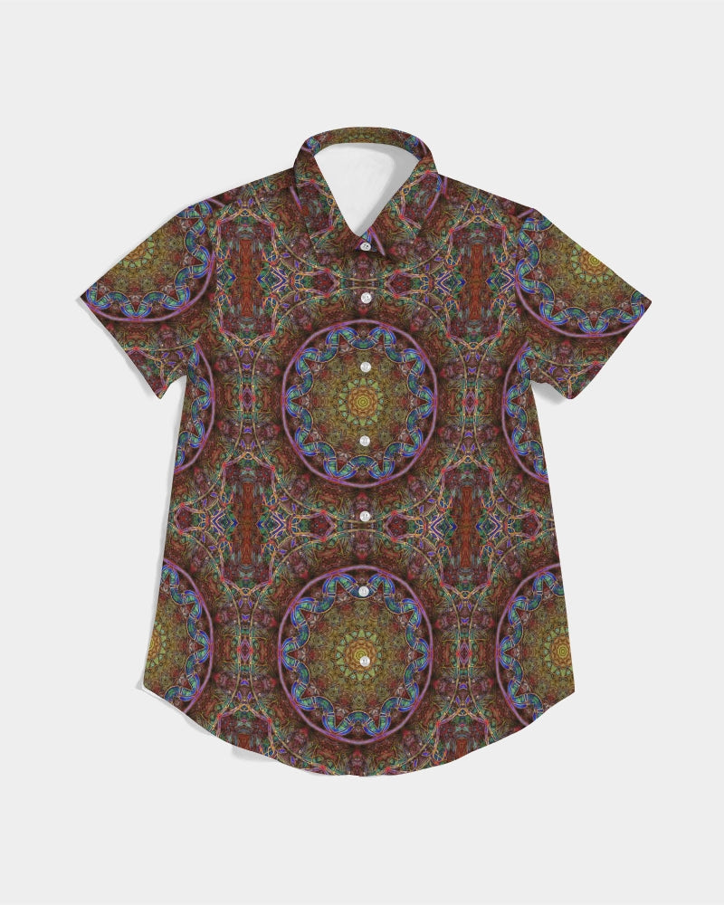 Blue Pink Windy Kaleidoscope Women's All-Over Print Short Sleeve Button Up