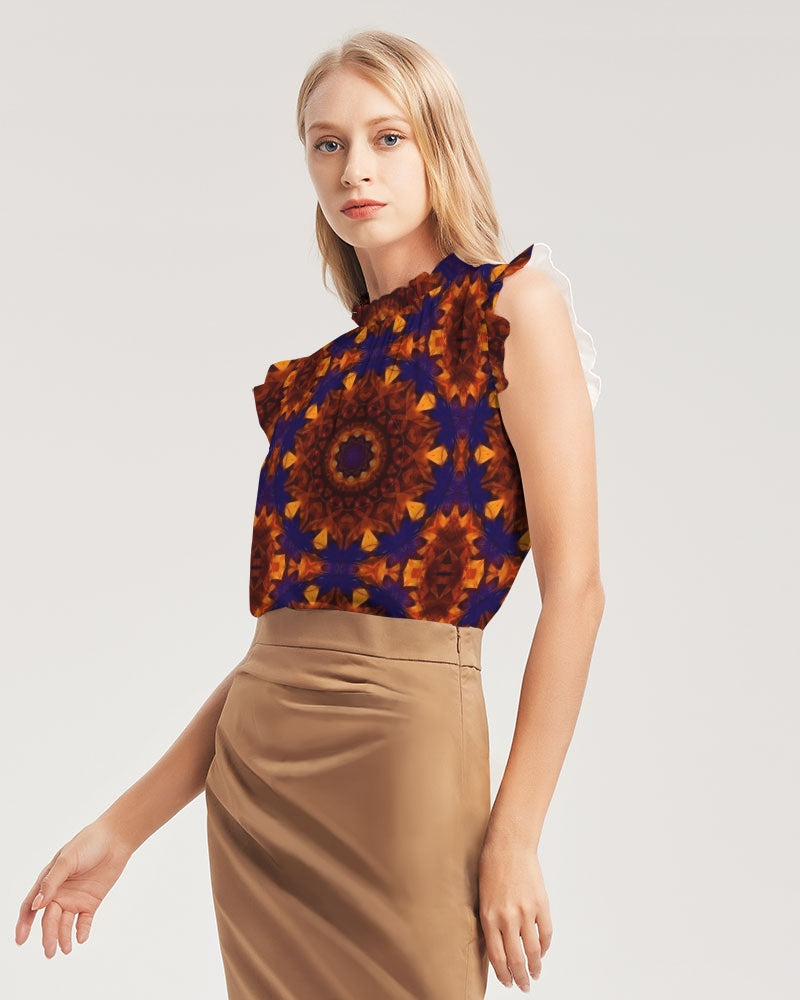 Blue Orange Red Kaleidoscope Women's All-Over Print Ruffle Sleeve Top