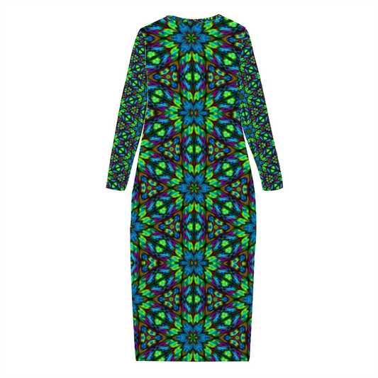 Blue Green Kaleidoscope Custom Women's Long Sleeve Dress Summer All Over Print Stylish Long Dress