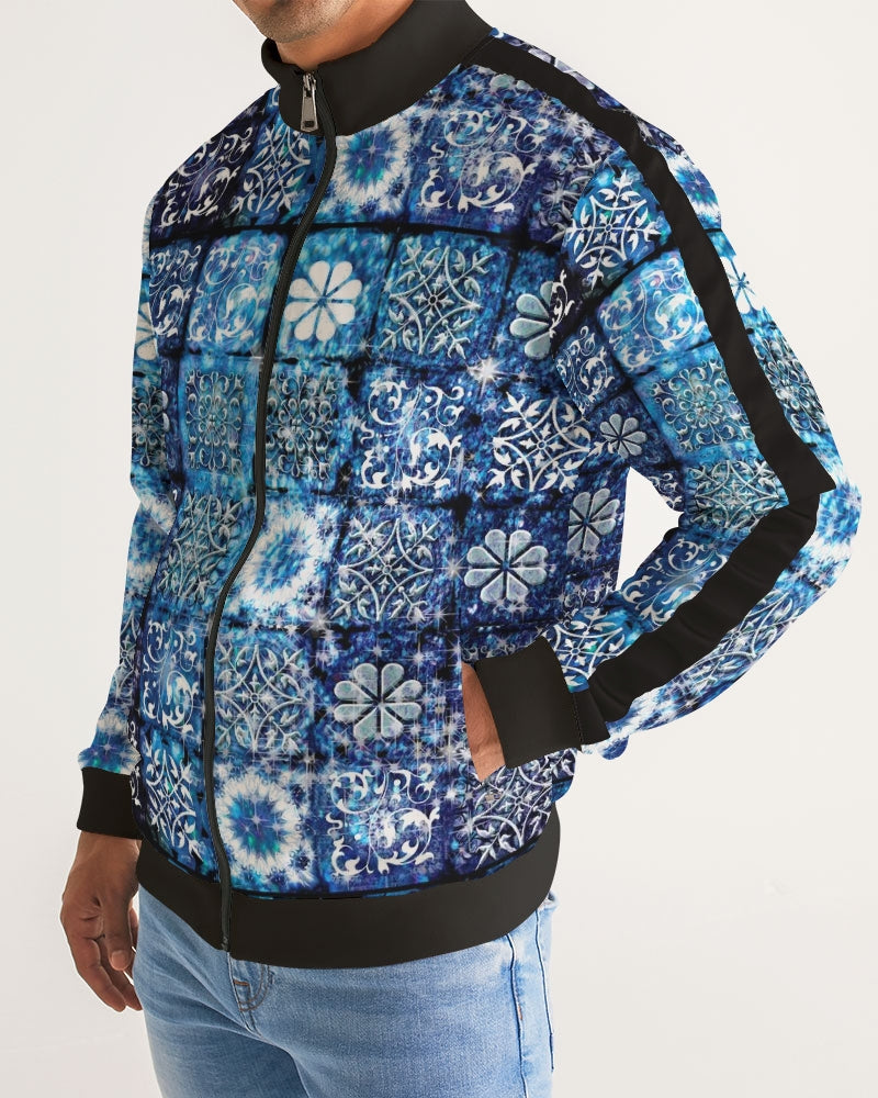 Blue Ice Crystals Motif Men's All-Over Print Stripe Sleeve Track Jacket