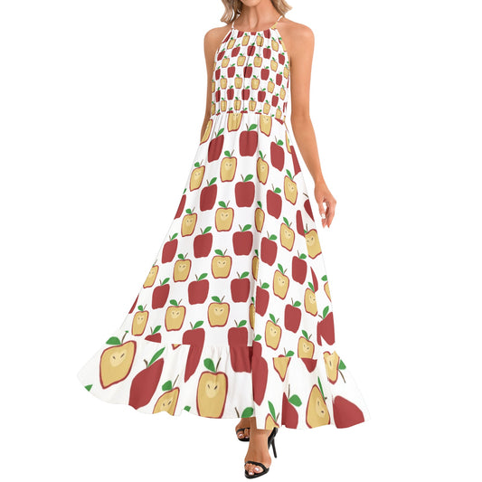 Apple Polkadots Ruffle Hem Halter Neck Maxi Dress
