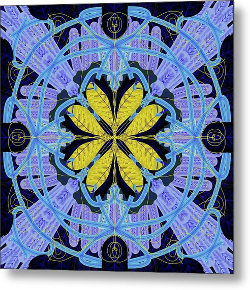 Blue and Yellow Leaf Mandala - Metal Print