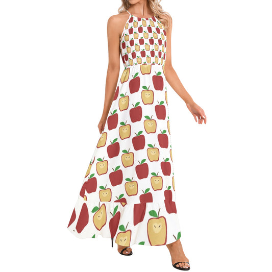 Apple Polkadots Ruffle Hem Halter Neck Maxi Dress