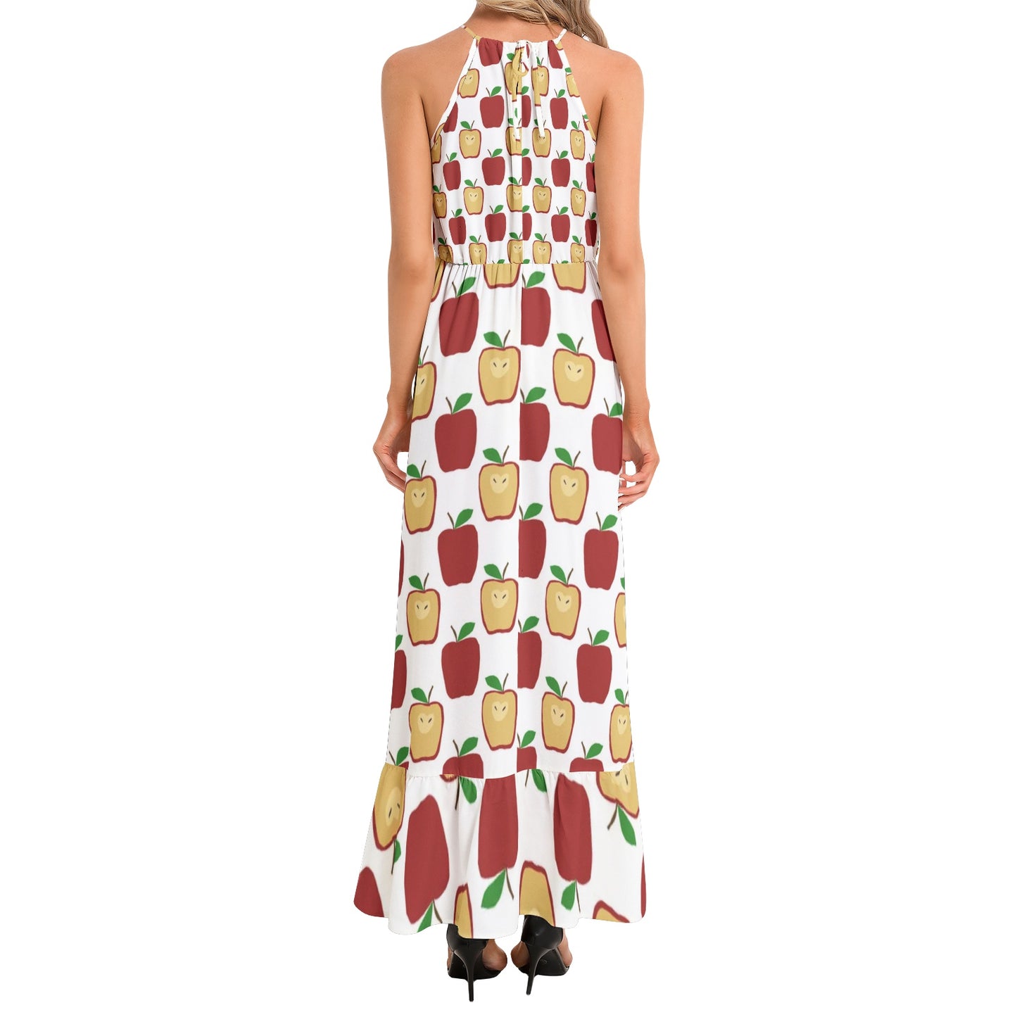 Apple Polkadots Ruffle Hem Halter Neck Maxi Dress