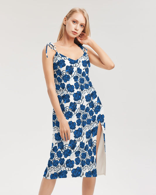 Blue Roses Women's All-Over Print Tie Strap Split Dress
