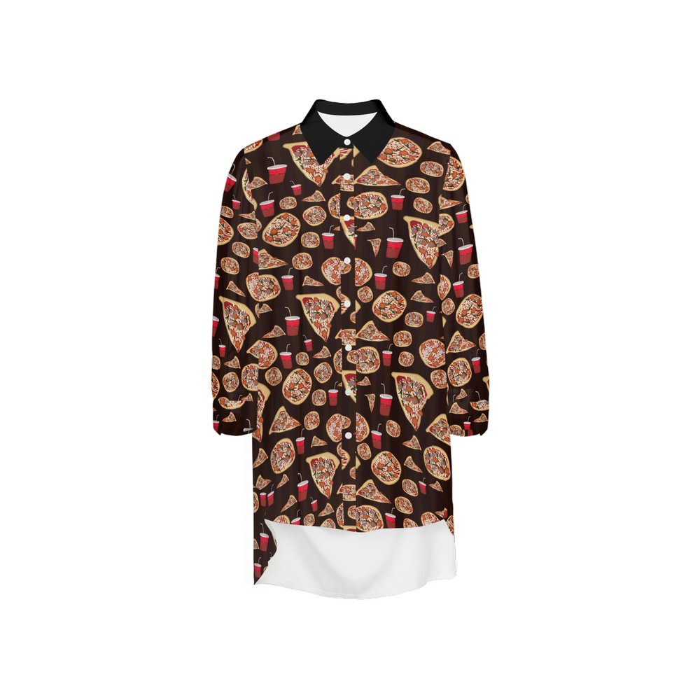 Pizza Pattern Women's High-Low Long-Sleeve Hem Shirt Silky-like Elegance