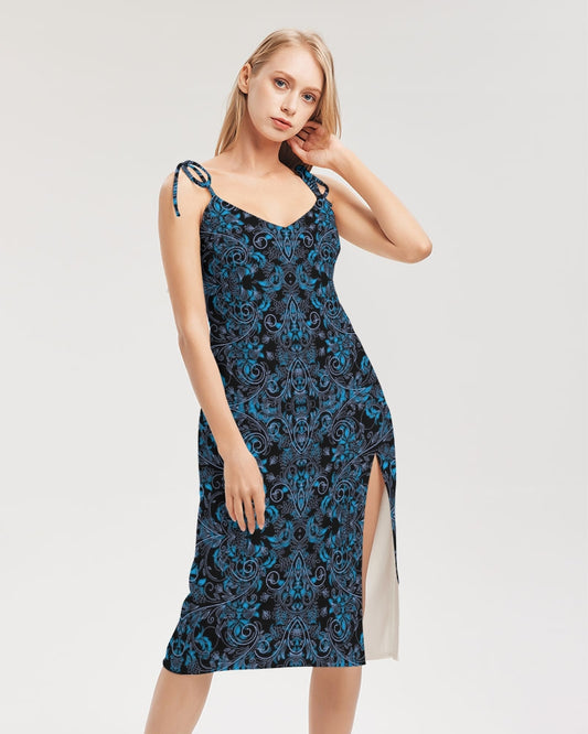 Blue Vines and Lace Women's All-Over Print Tie Strap Split Dress